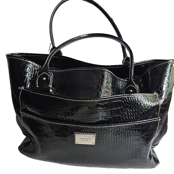 LIZ CLAIBORNE Embossed Faux Crocodile Black Purse Tote Shoulder Bag 14x10x5 EUC - Picture 1 of 15